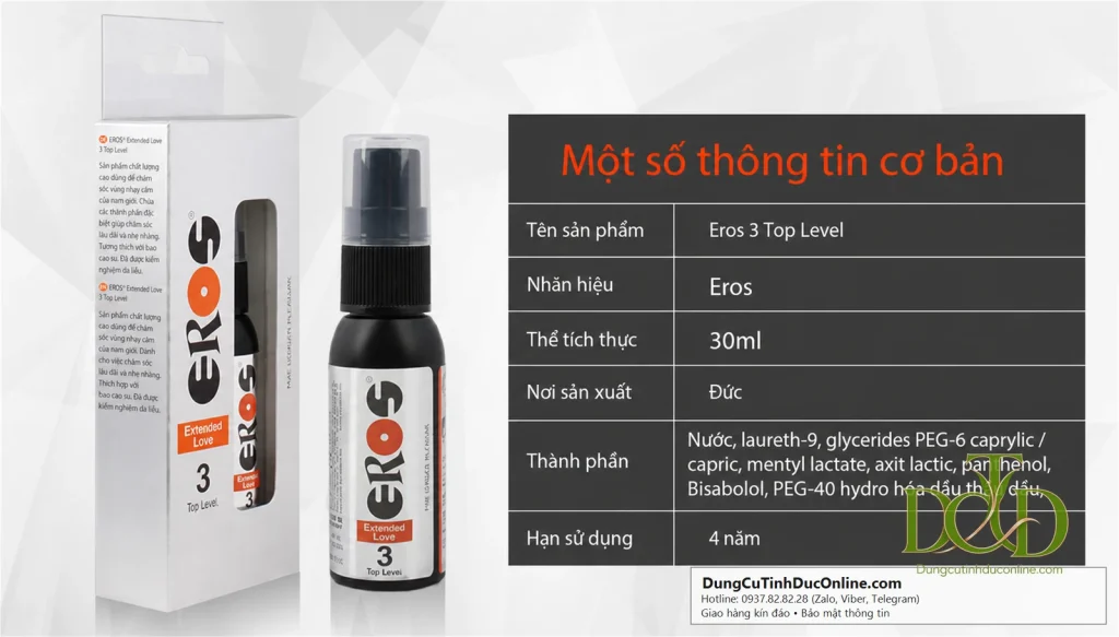 Chai Xịt Eros Extended Love Top Level 3 — 30ml, Sản Xuất Tại Đức, Bảng Thành Phần Rõ Ràng chai xit eros extended love top level 3 30ml 5